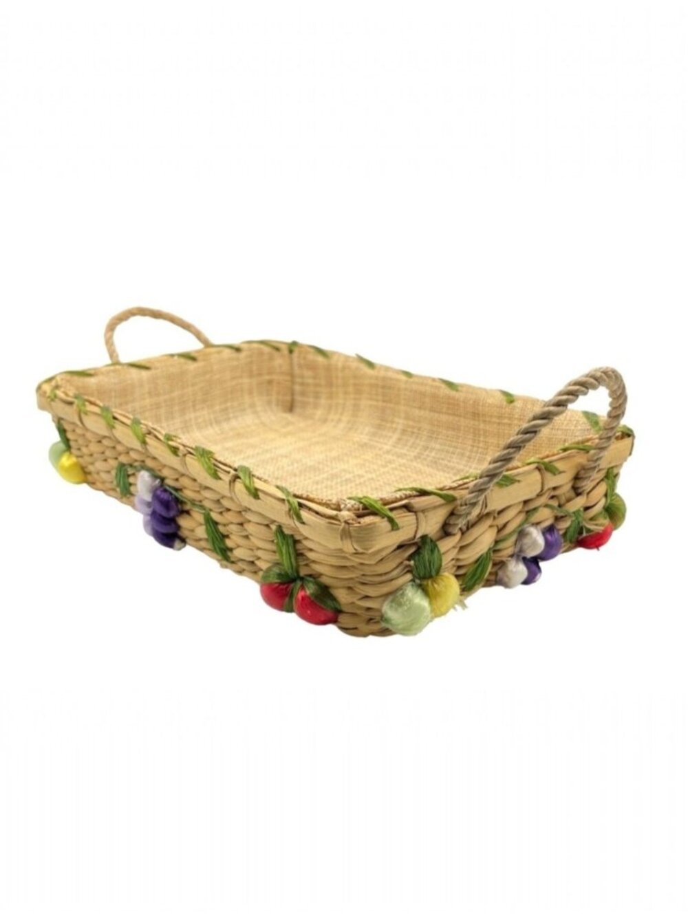 Vintage Straw Weave Serving Lined Basket Handles Fruits 7" x 11" x 2"